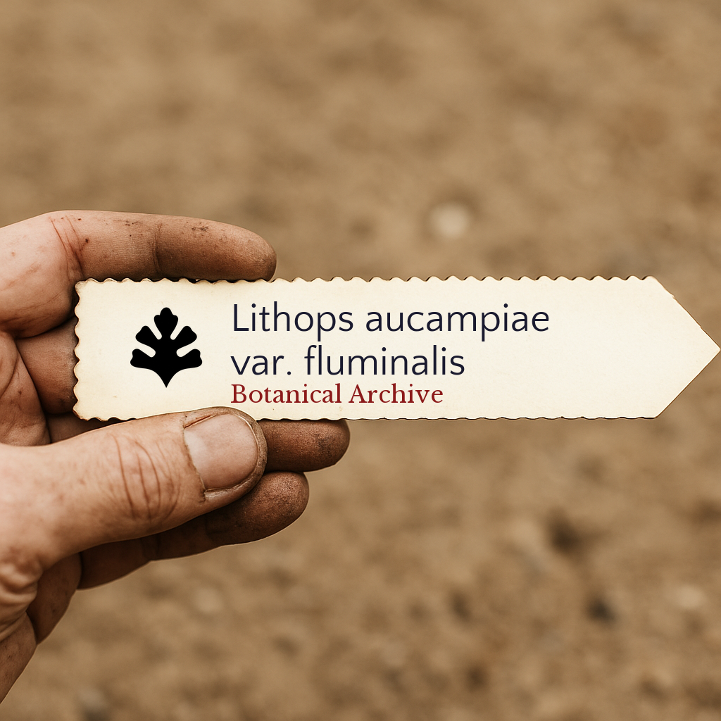 Etichetta plantare stampata per Lithops aucampiae var. fluminalis tenuta da mano sporca all'aperto