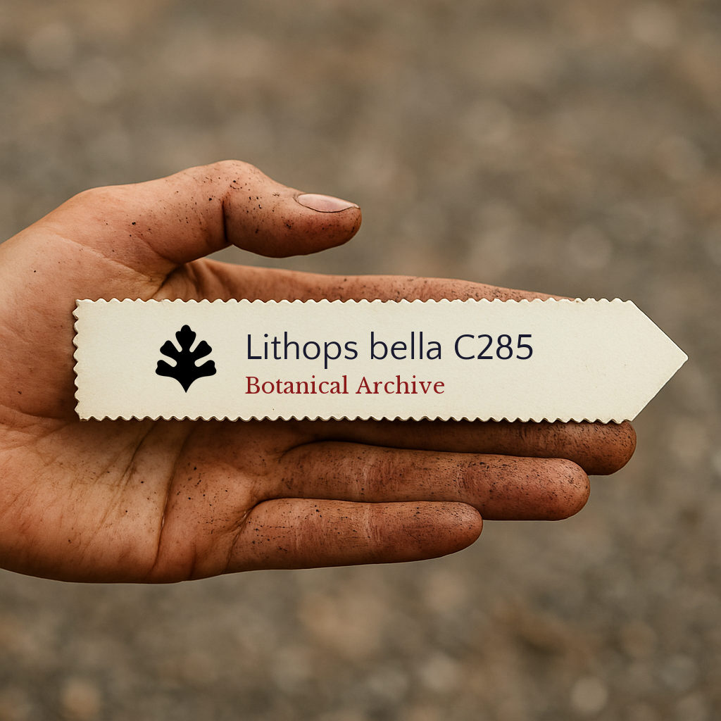 Etichetta stampata per pianta Lithops bella C285 tenuta in una mano ricoperta di terra