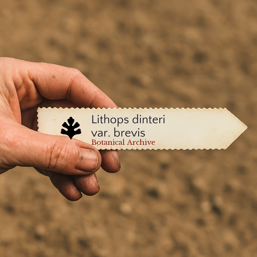 Etichetta per pianta stampata per Lithops dinteri var. brevis tenuta a mano contro uno sfondo di terra