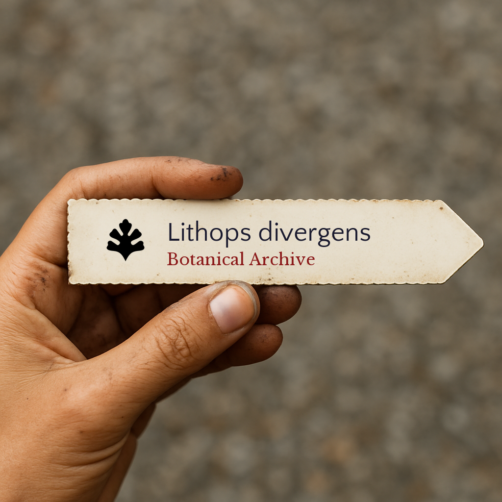 Etichetta stampata per pianta Lithops divergens tenuta a mano con sfondo di terra