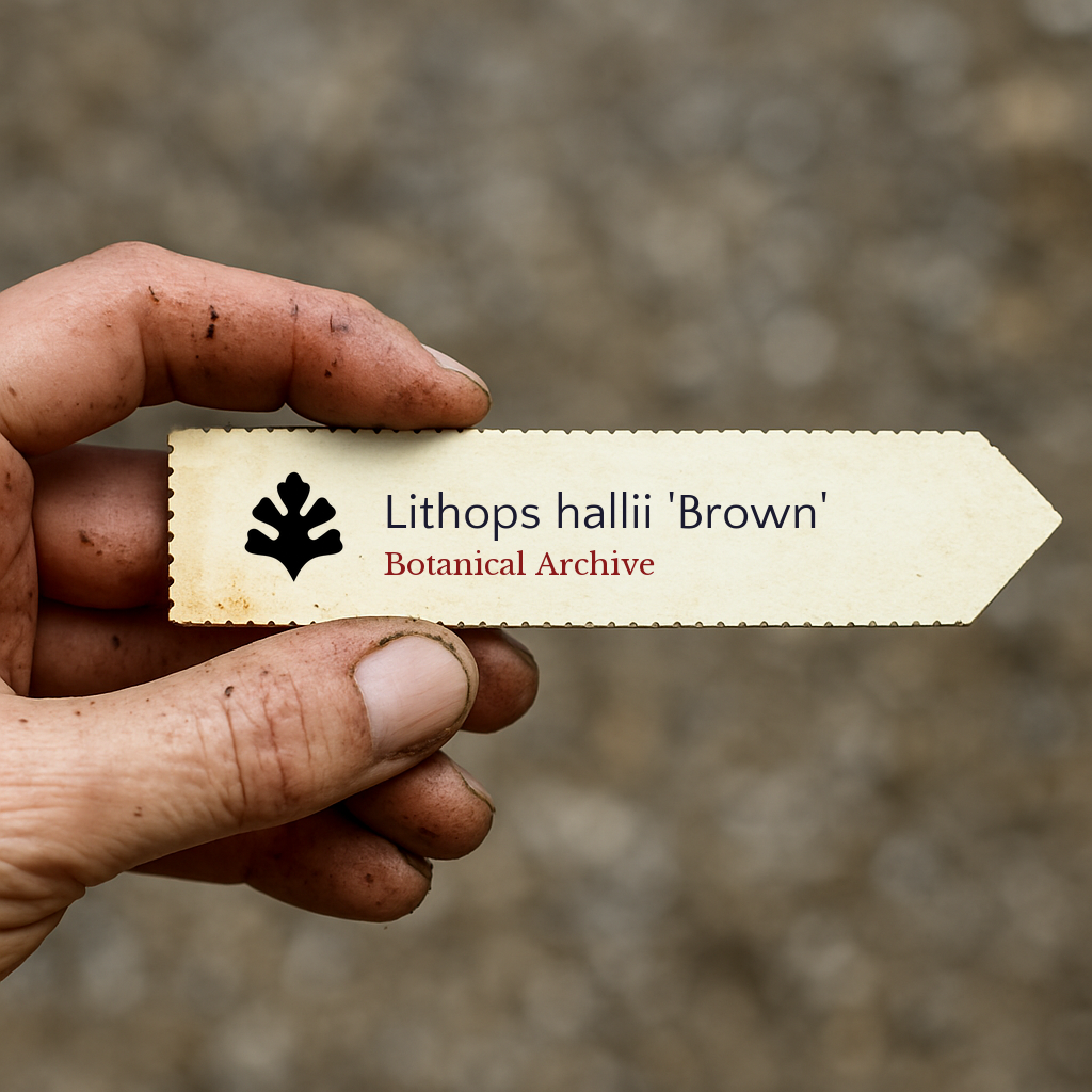 Printed plant label for Lithops hallii 'Brown' held by dirty hand outdoors
