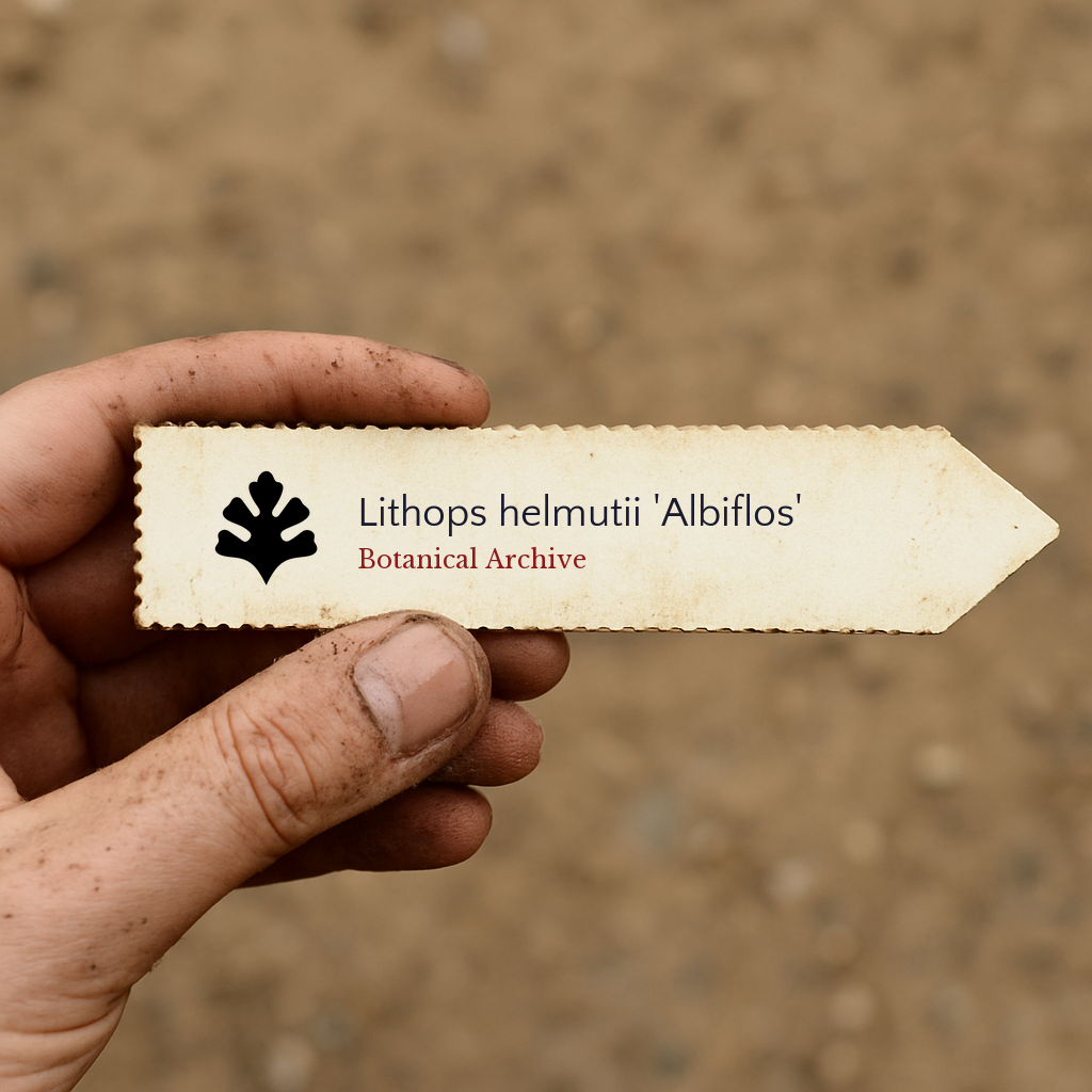 Printed plant label for Lithops helmutii 'Albiflos' held by dirty hand outdoors