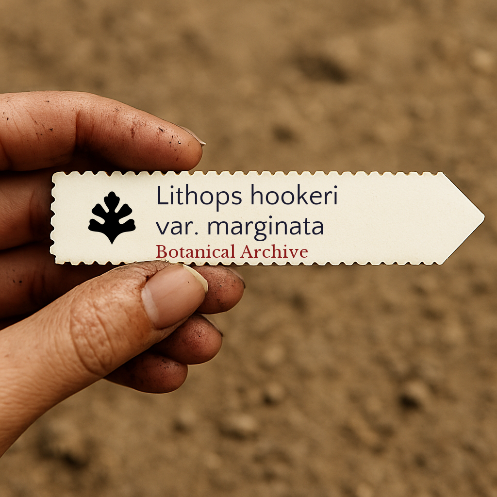 Bedrukt plantenlabel voor Lithops hookeri var. marginata, gehouden in de hand boven een achtergrond van aarde