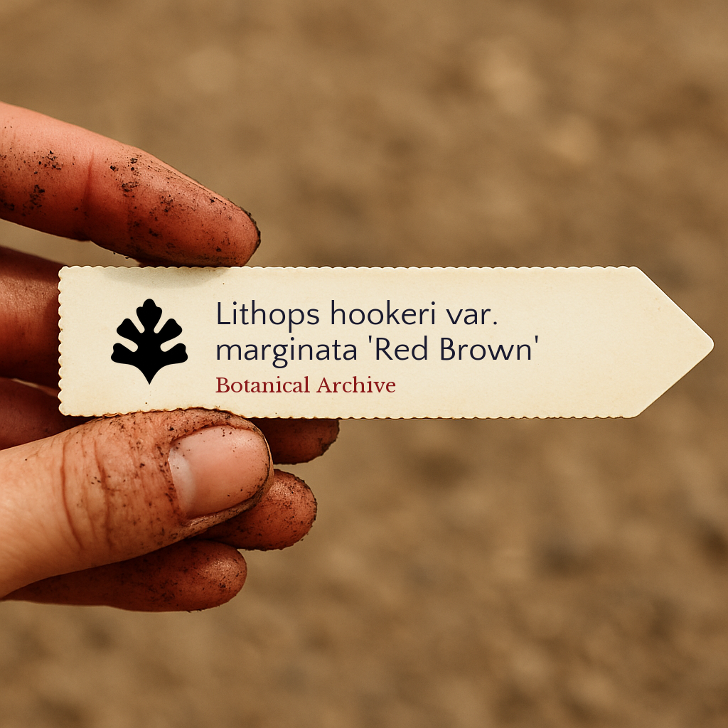 Printed plant label for Lithops hookeri var. marginata 'Red Brown' held by dirty hand