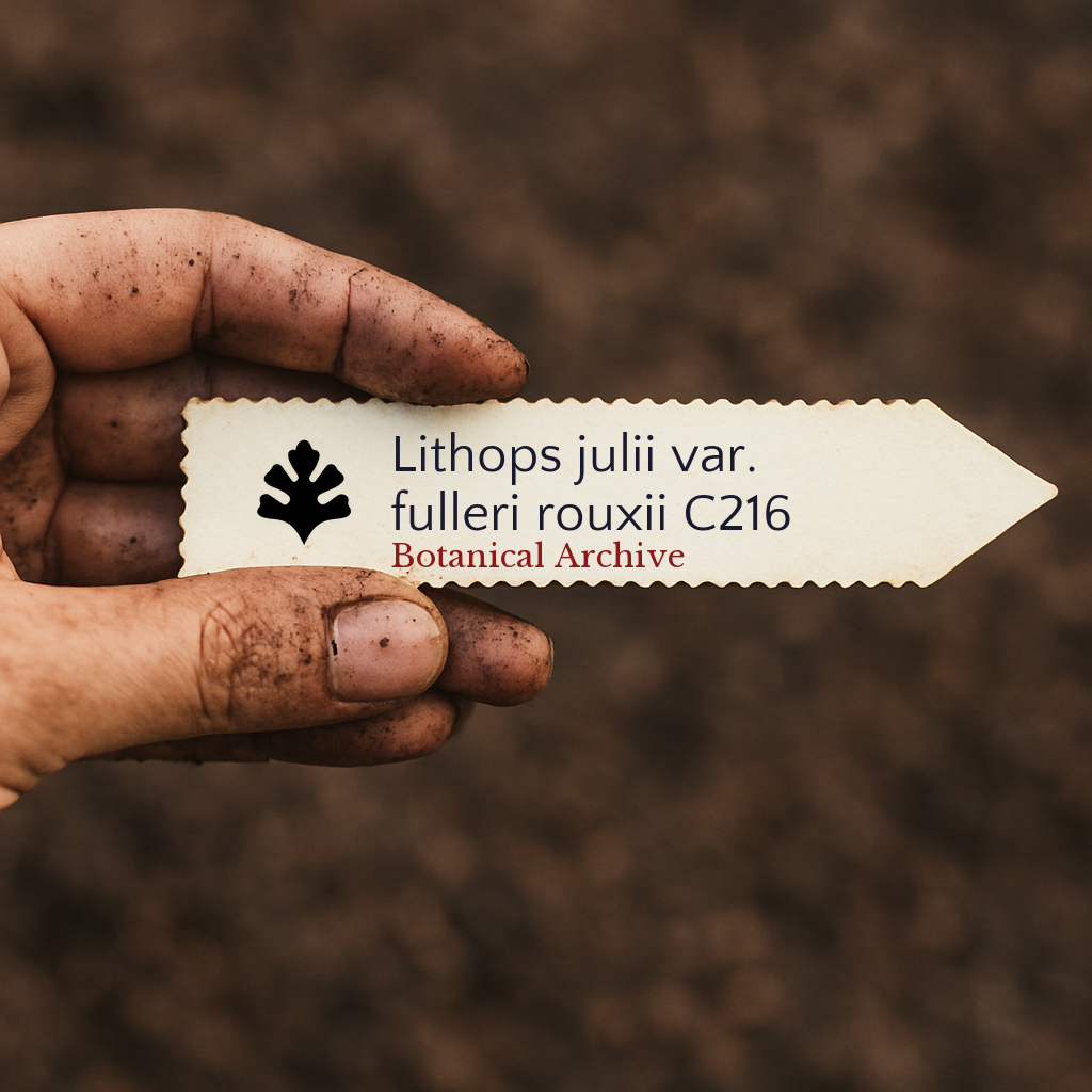 Etichetta vegetale stampata per Lithops julii var. fulleri rouxii C216 tenuta in mano sporca con sfondo di terreno