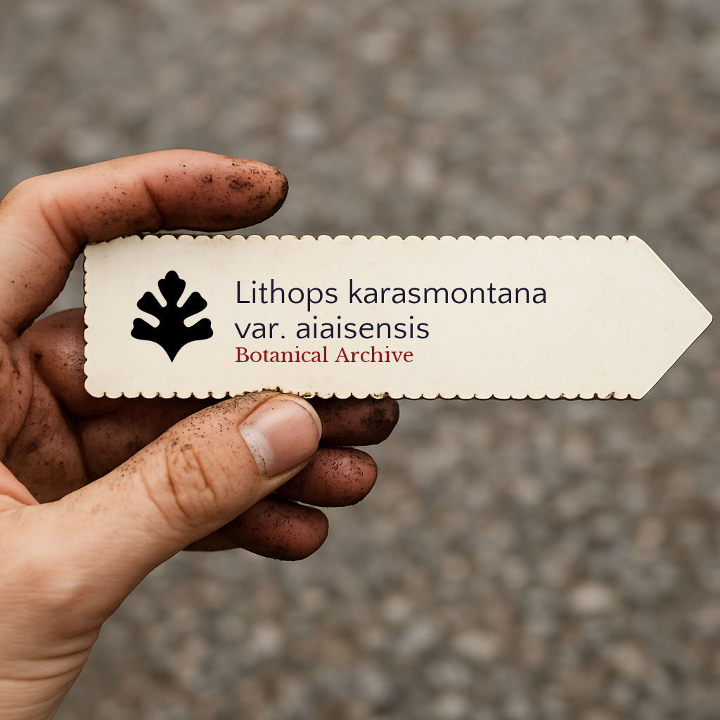 ป้ายติดต้นไม้พิมพ์ลิธอปส์ คารัสมอนทานา ไวร์เออร์ ไอไอเซนซิส ถือโดยมือสกปรกกลางแจ้ง
