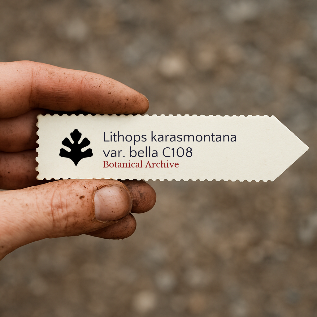 ป้ายต้นไม้พิมพ์สำหรับ ลิโธปส์ คารัสมอนทานา วาเรี เบลลา C108 ถือโดยมือสกปรกกลางแจ้ง