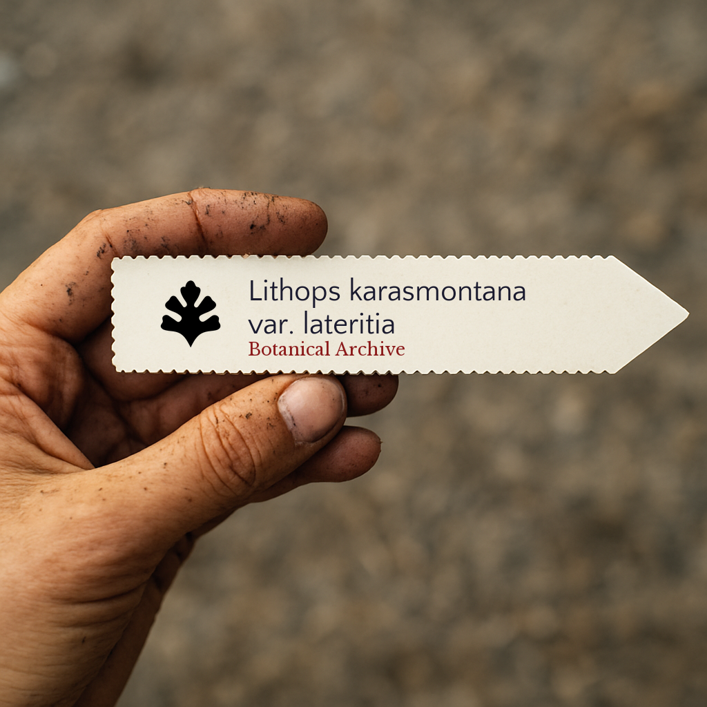 Etichetta per piante stampata per Lithops karasmontana var. lateritia tenuta da mano sporca all'aperto