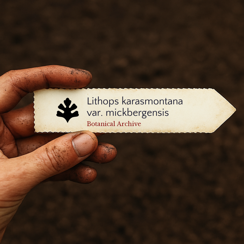 Etichetta stampata per pianta di Lithops karasmontana var. mickbergensis tenuta da mano sporca su sfondo di terreno