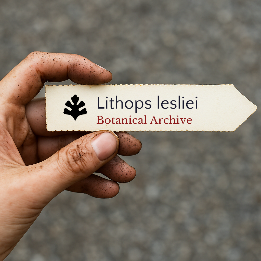 ป้ายต้นไม้พิมพ์ลายสำหรับ ลิโทปส์ เลสลี ถูกถือโดยมือสกปรกกลางแจ้ง