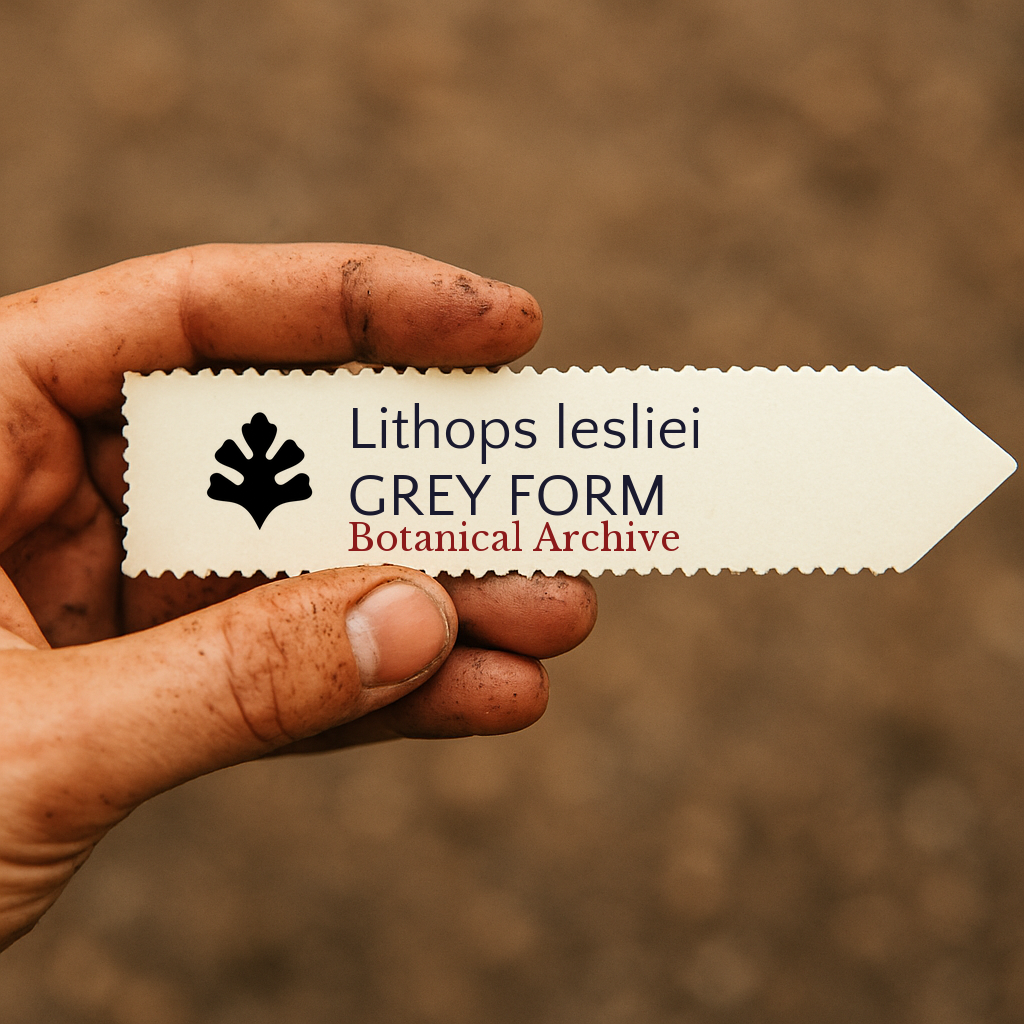Etichetta stampata per pianta Lithops lesliei tenuta da mano sporca su sfondo sfocato