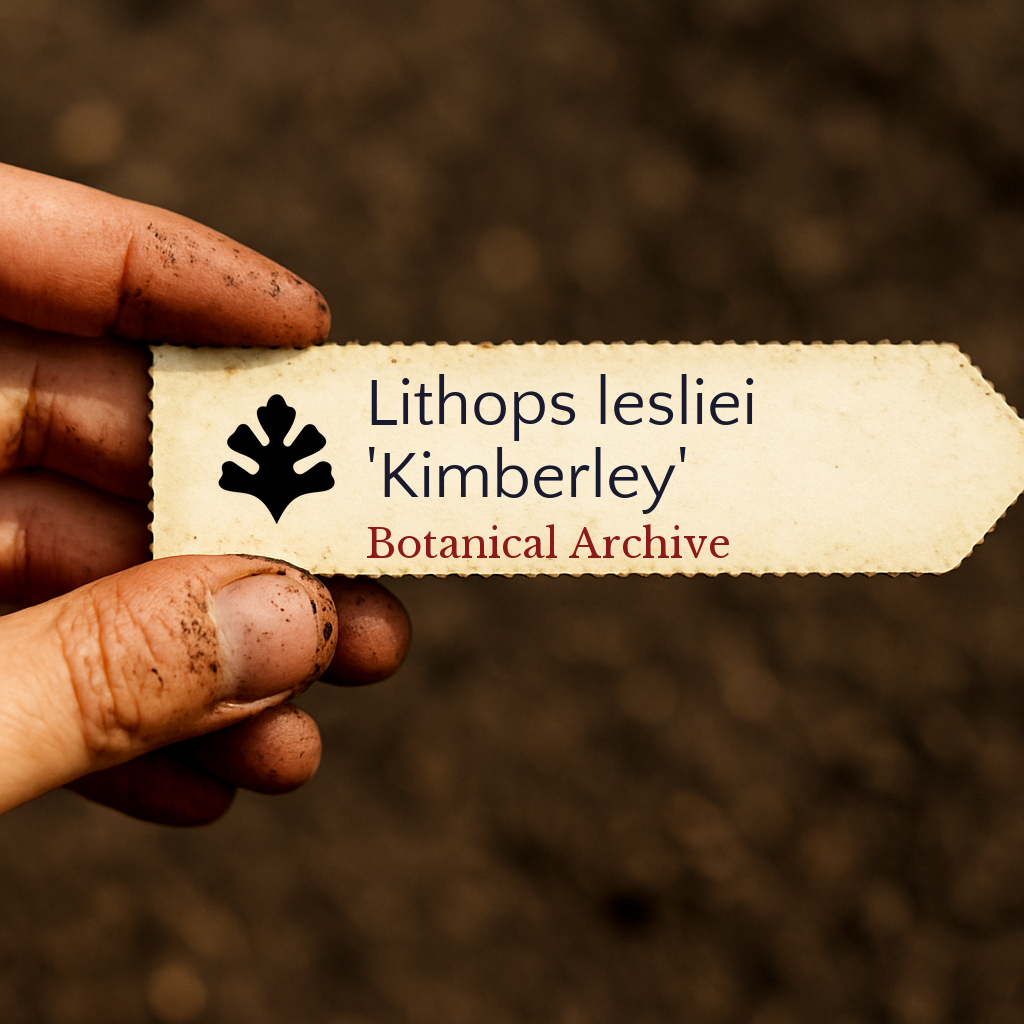 Printed plant label for Lithops lesliei 'Kimberley' held by dirty hand over soil background
