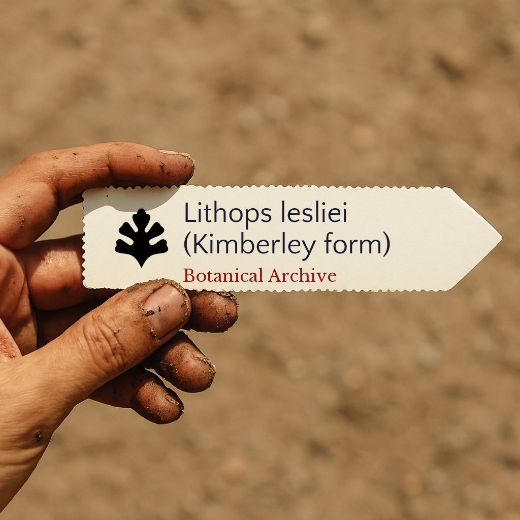 Printed plant label for Lithops lesliei (Kimberley form) held by dirty hand outdoors