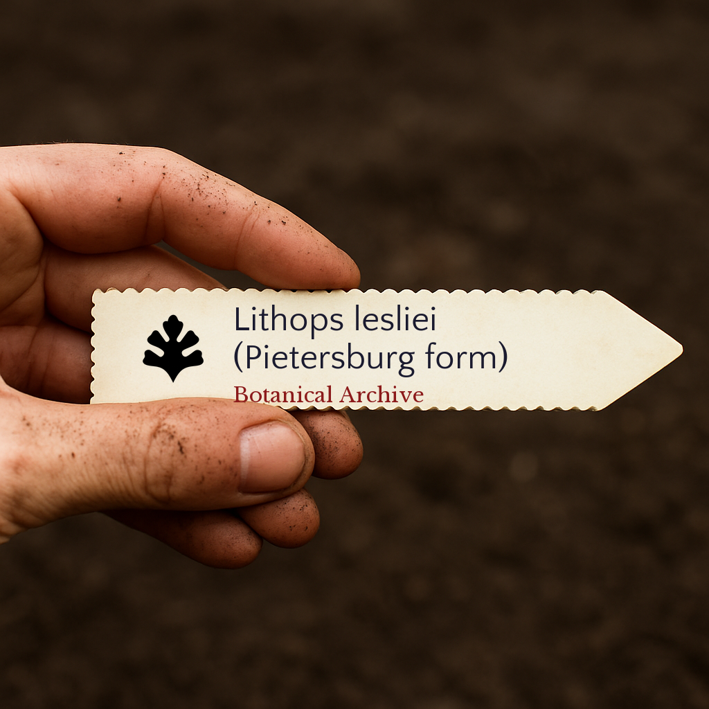 Etichetta piantina stampata per Lithops lesliei (forma Pietersburg) su sfondo di terreno