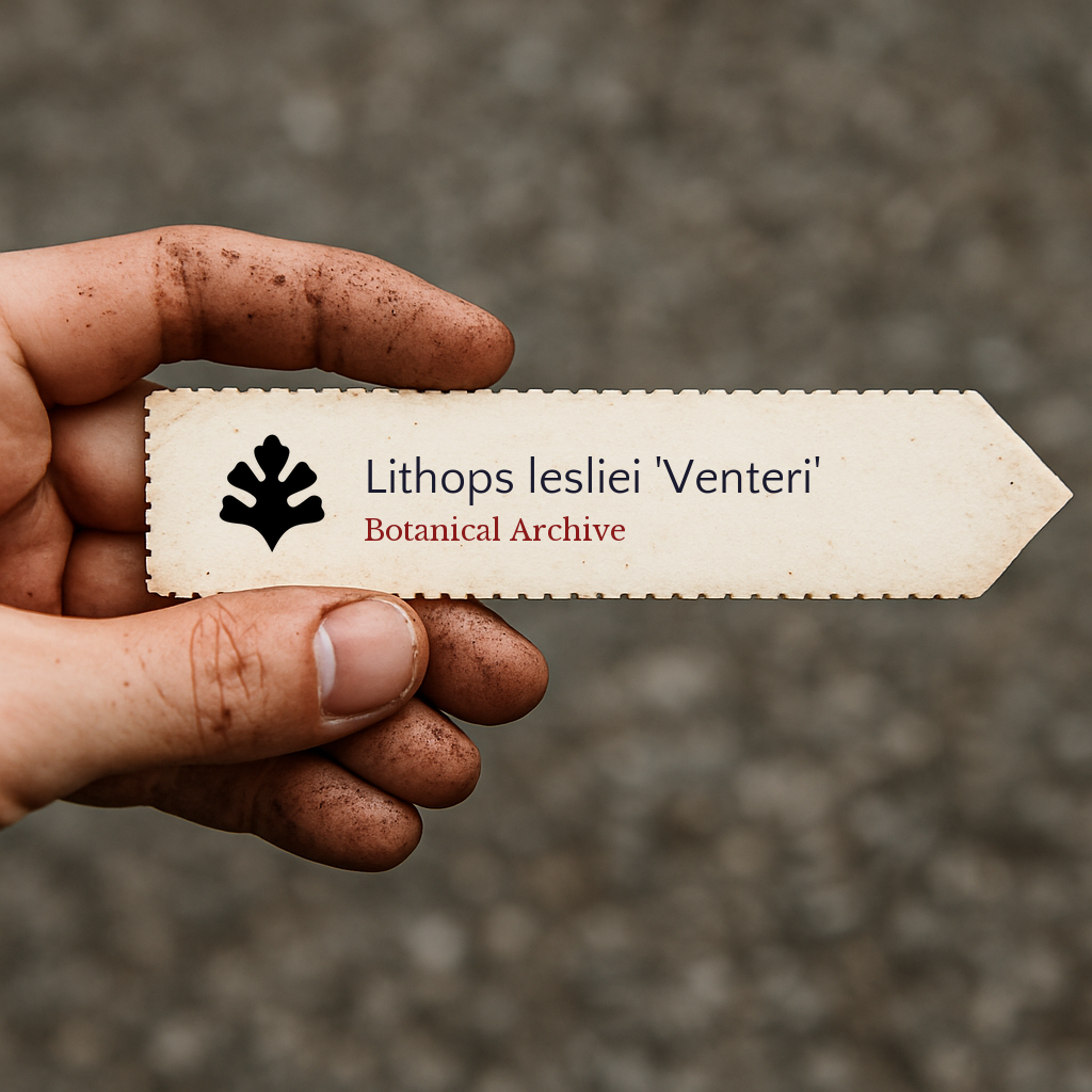 Printed plant label for Lithops lesliei 'Venteri' held by dirty hand outdoors