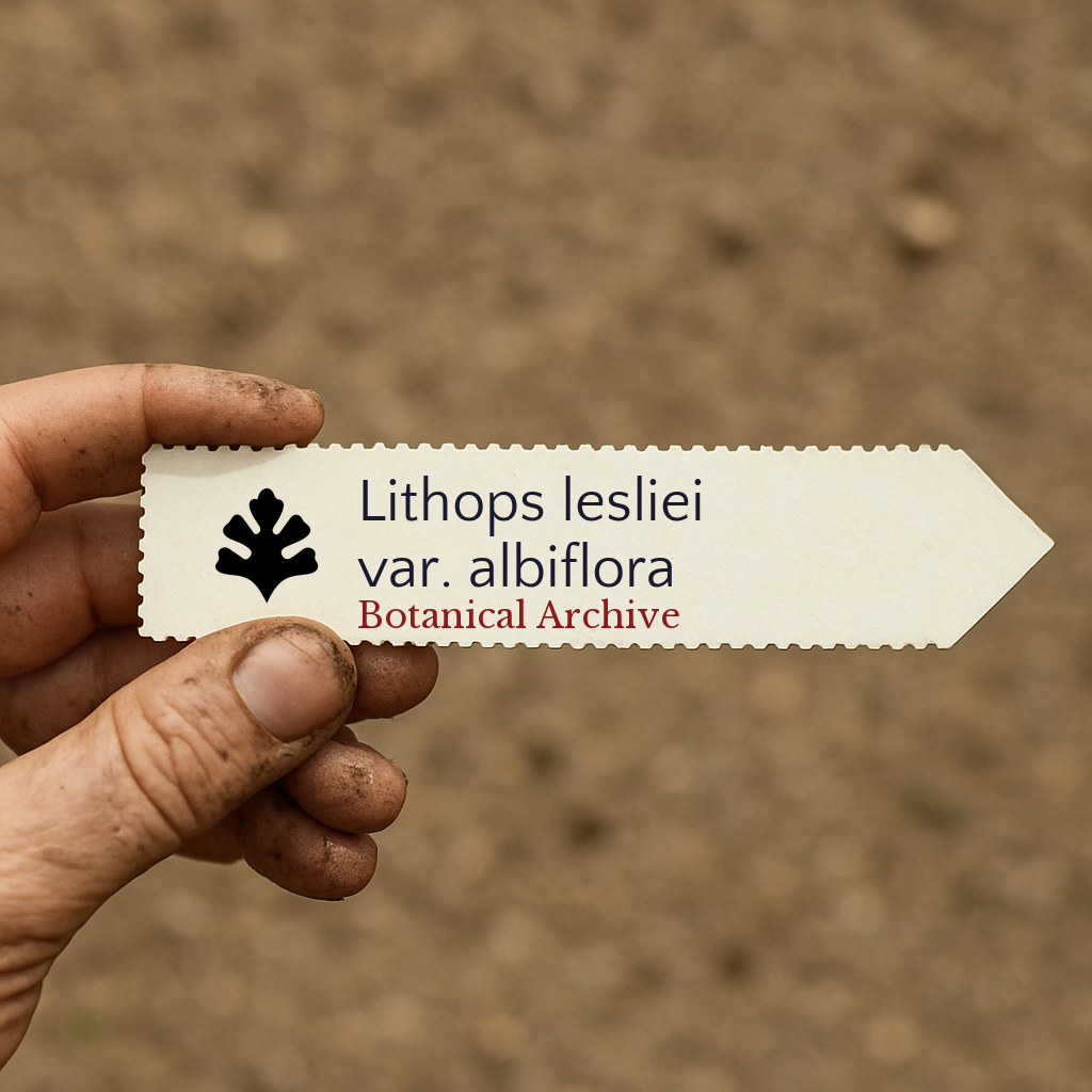 Printed plant label for Lithops lesliei var. albiflora held by hand with soil background
