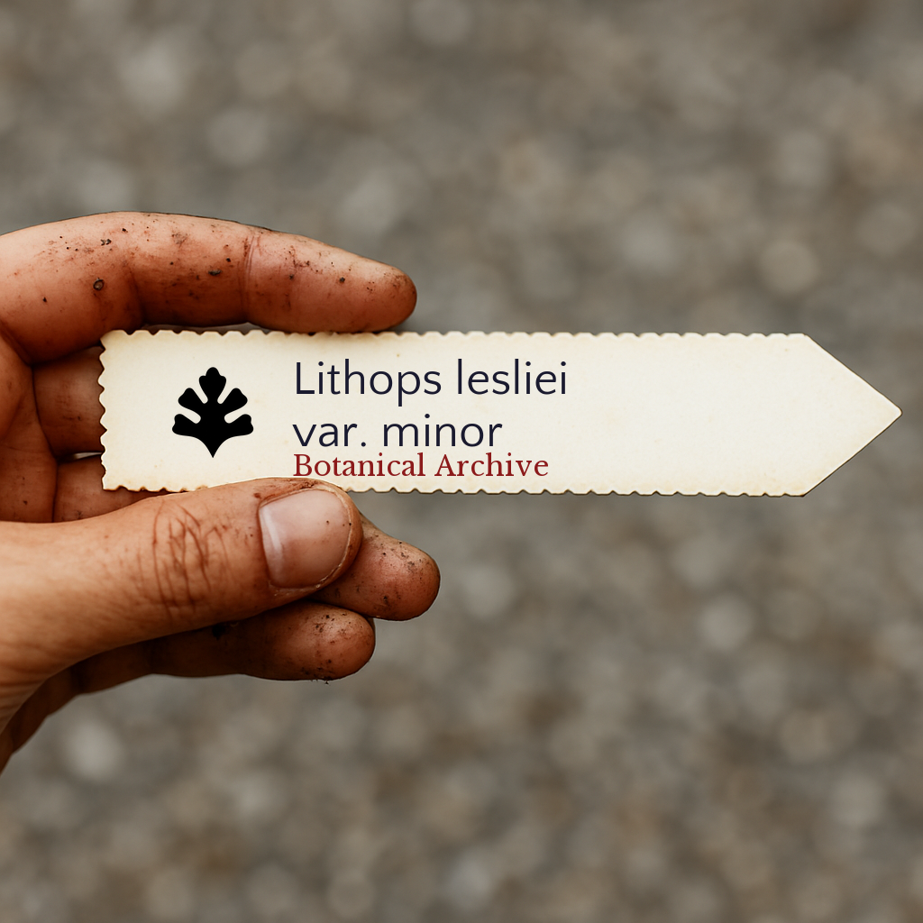 Etichetta per pianta stampata per Lithops lesliei var. minor tenuta da mano sporca all'aperto