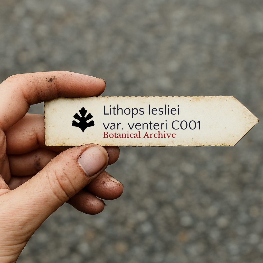 ป้ายติดชื่อพืชพิมพ์ลิทธอปส เลสลี ไวที วีนเทรี C001 ถือด้วยมือบนพื้นดิน