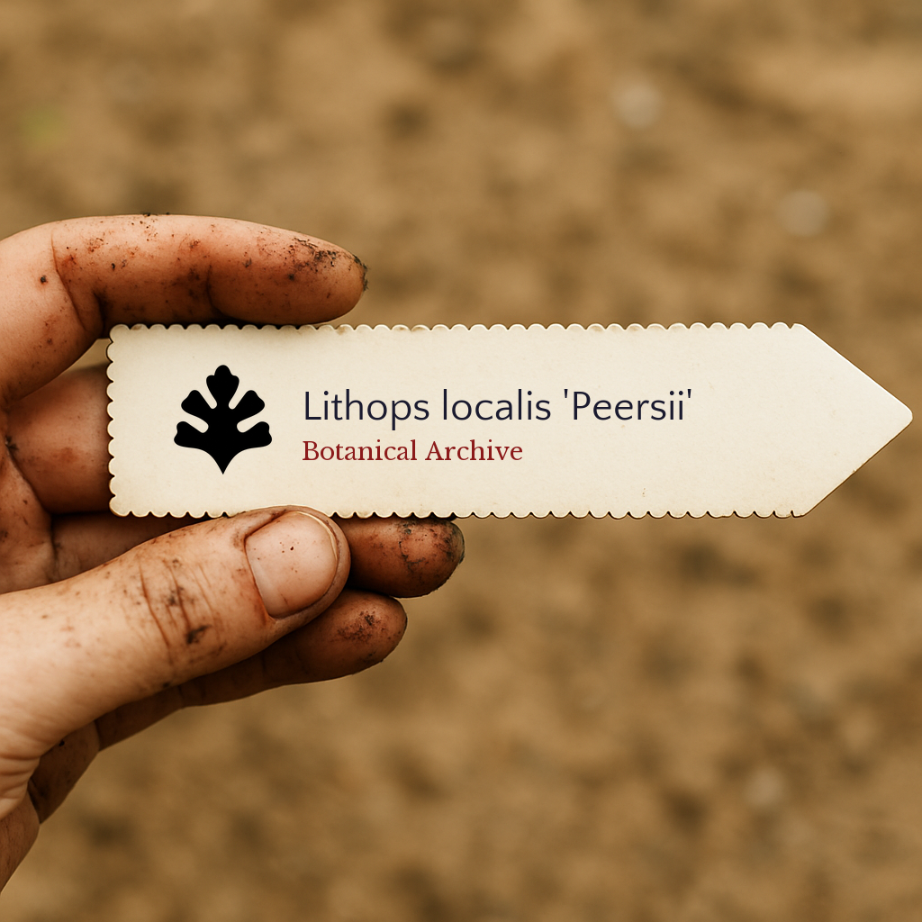 Printed plant label for Lithops localis 'Peersii' held by dirty hand against soil background