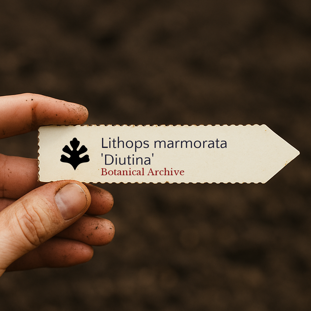 Printed plant label for Lithops marmorata 'Diutina' held over soil background