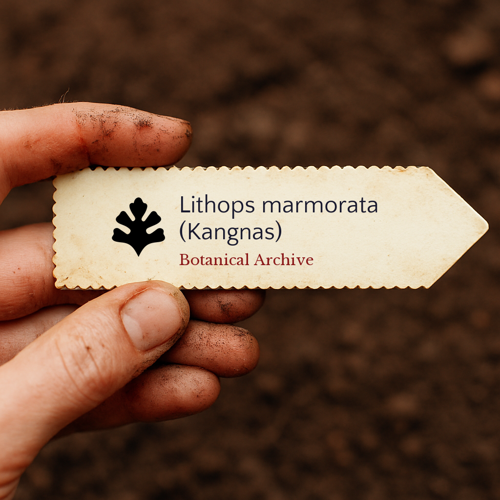 Bedrucktes Pflanzenetikett für Lithops marmorata (Kangnas), gehalten von einer schmutzigen Hand vor einem Bodenhintergrund
