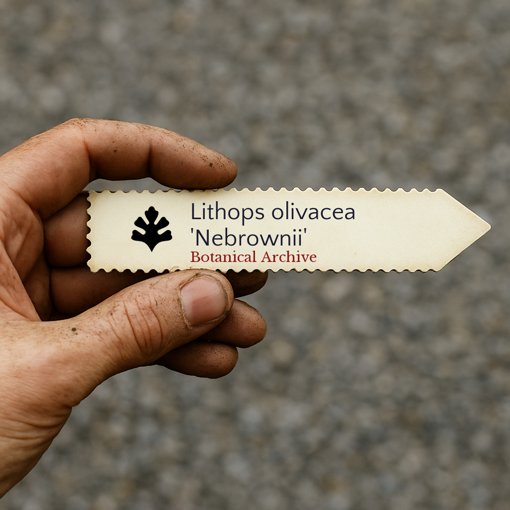 Printed plant label for Lithops olivacea 'Nebrownii' held by hand with dirt background