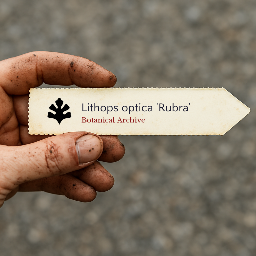 Printed plant label for Lithops optica 'Rubra' held by dirty hand outdoors