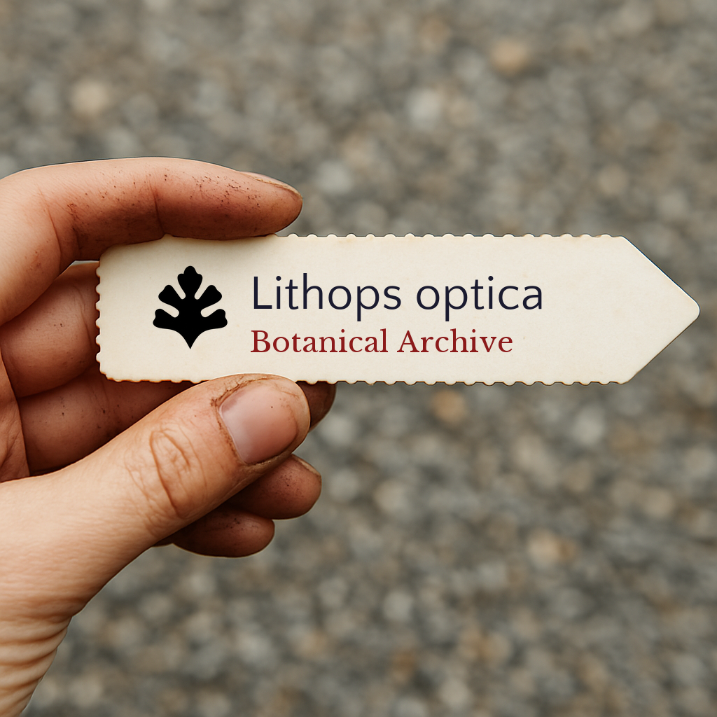 Printed plant label for Lithops optica held by hand with blurred gravel background