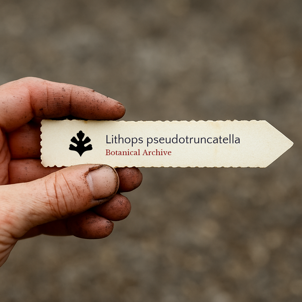 Etichetta a stampa per pianta di Lithops pseudotruncatella tenuta da una mano sporca all'aperto