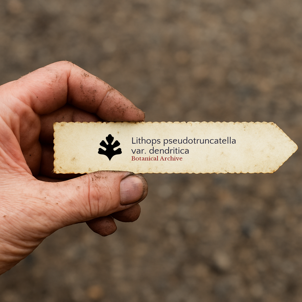 Etichetta per pianta stampata per Lithops pseudotruncatella var. dendritica tenuta in mano sporca all'aperto