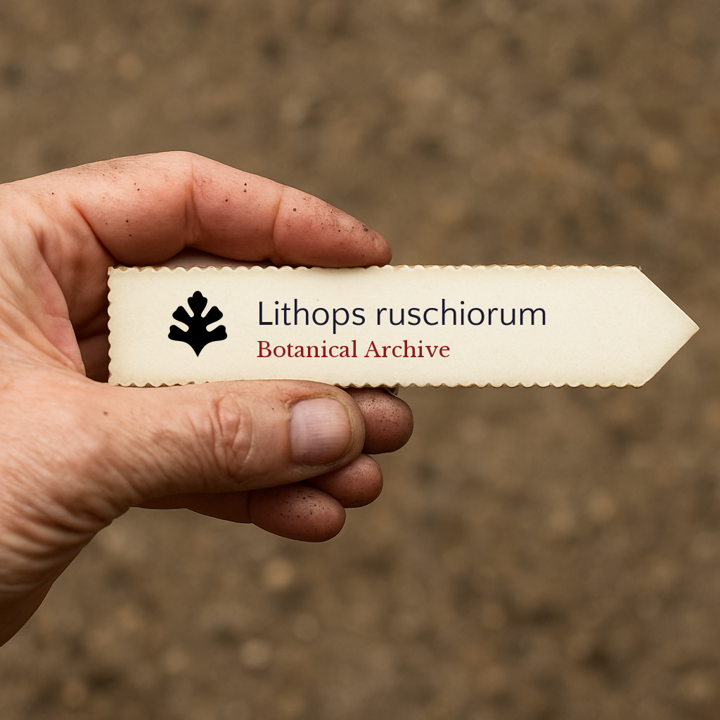 Printed plant label for Lithops ruschiorum held by hand with soil background
