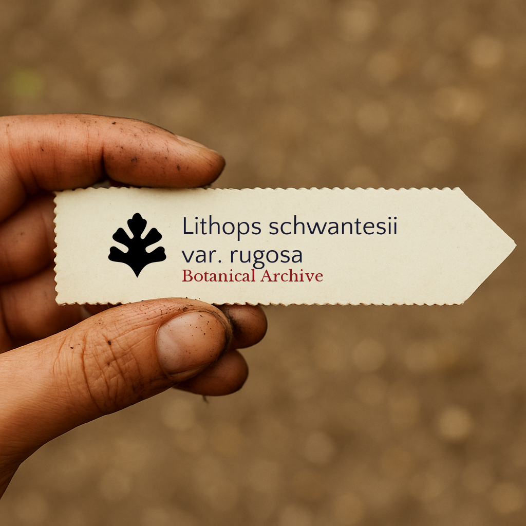 Etichetta stampata per pianta di Lithops schwantesii var. rugosa tenuta a mano con sfondo di terreno