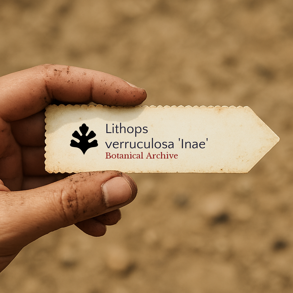 Printed plant label for Lithops verruculosa 'Inae' held by hand with soil background
