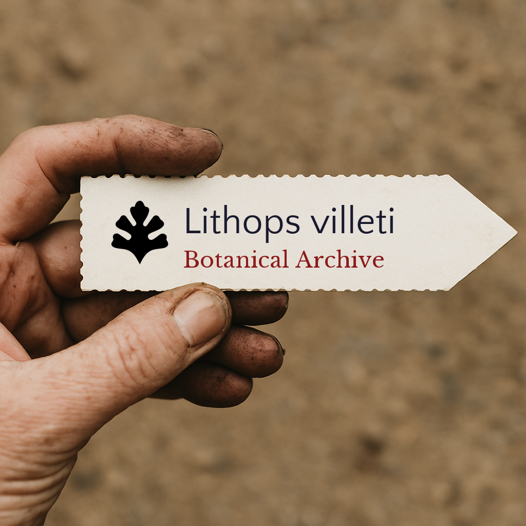 Trykt planteetikett for Lithops villeti holdt av skitten hånd mot uskarp bakgrunn