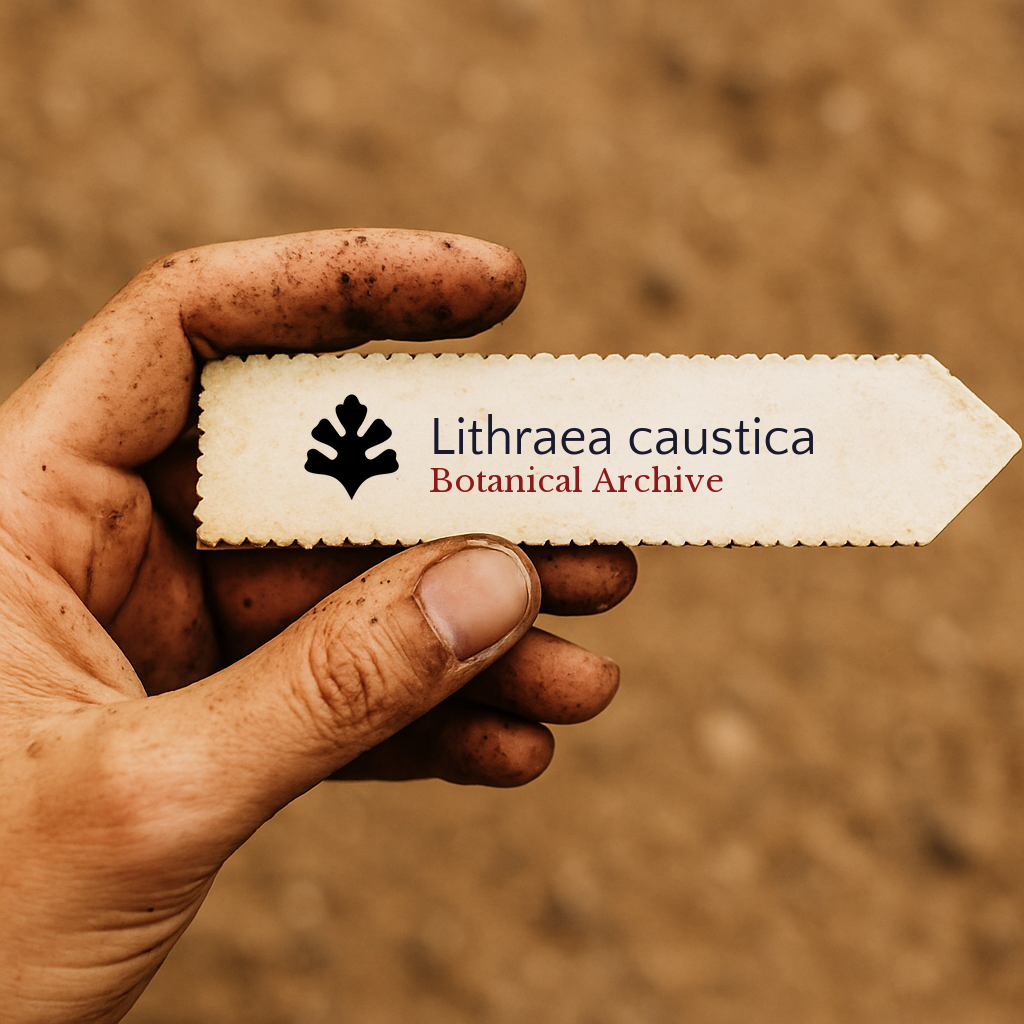 Printed plant label for Lithraea caustica held by a dirt-covered hand