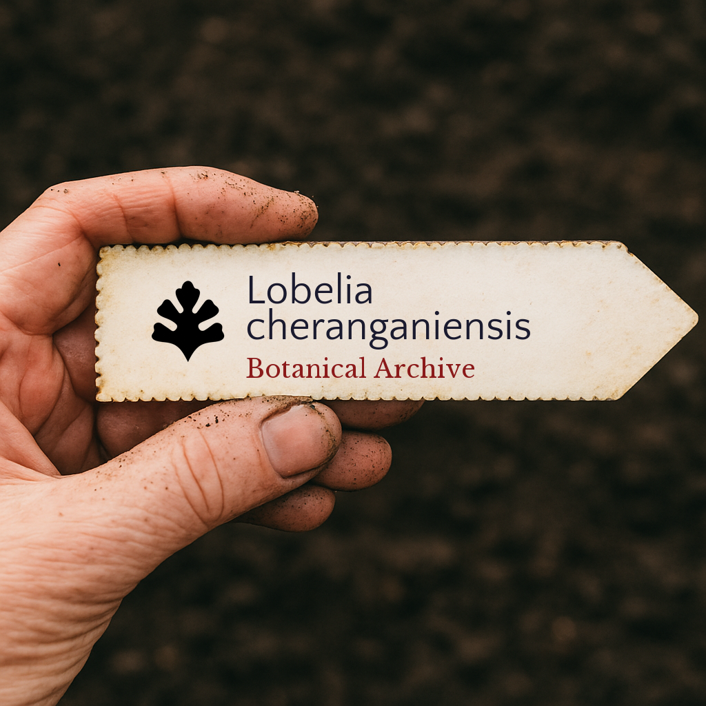 Printed plant label for Lobelia cheranganiensis held over soil background