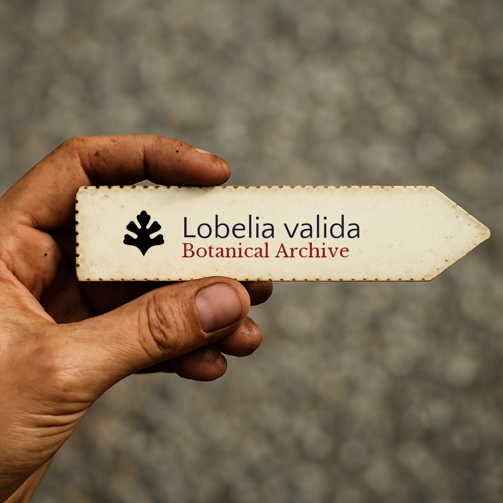 Printed plant label for Lobelia valida held by hand with blurred background