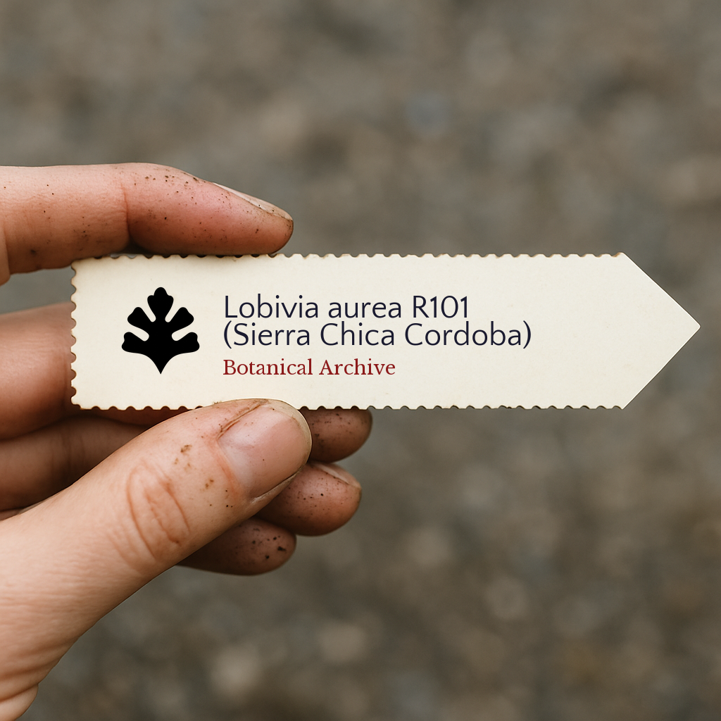 Bedruckte Pflanzenetikette für Lobivia aurea R101, die mit Erde an den Fingern in der Hand gehalten wird