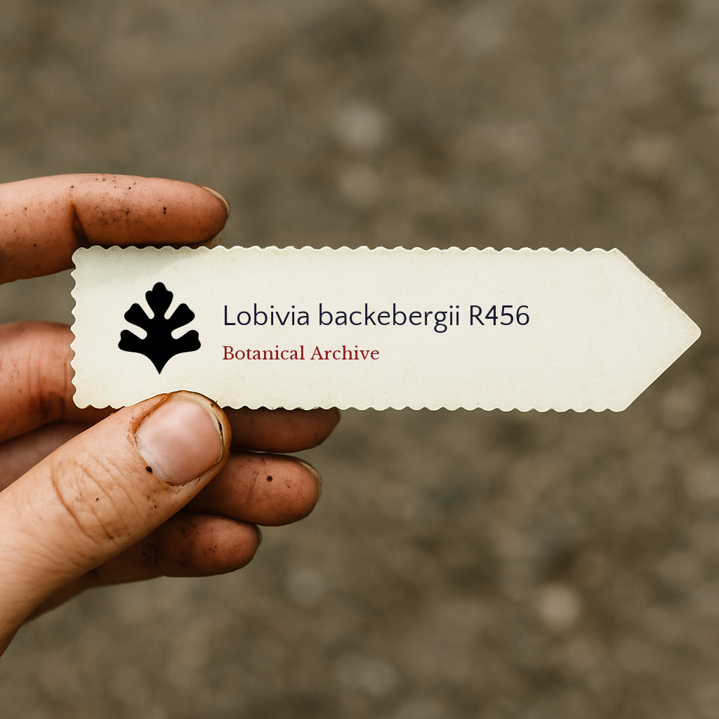 Etichetta per pianta stampata per Lobivia backebergii R456 tenuta da mano sporca all'aperto