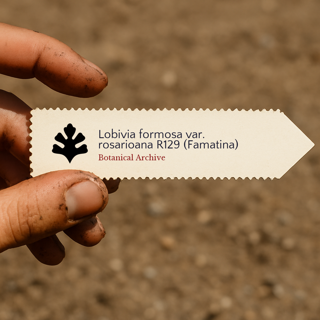 Etiqueta de planta impresa para Lobivia formosa var. rosarioana R129 sostenida por mano sucia al aire libre