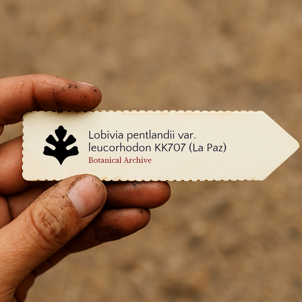 Trykt planteetikett for Lobivia pentlandii var. leucorhodon med Botanical Archive-logo