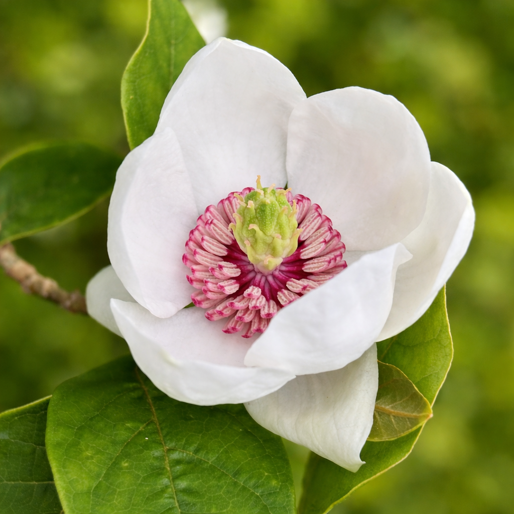 Magnolia sieboldii witte bloem met roze meeldraden en groene bladeren van dichtbij