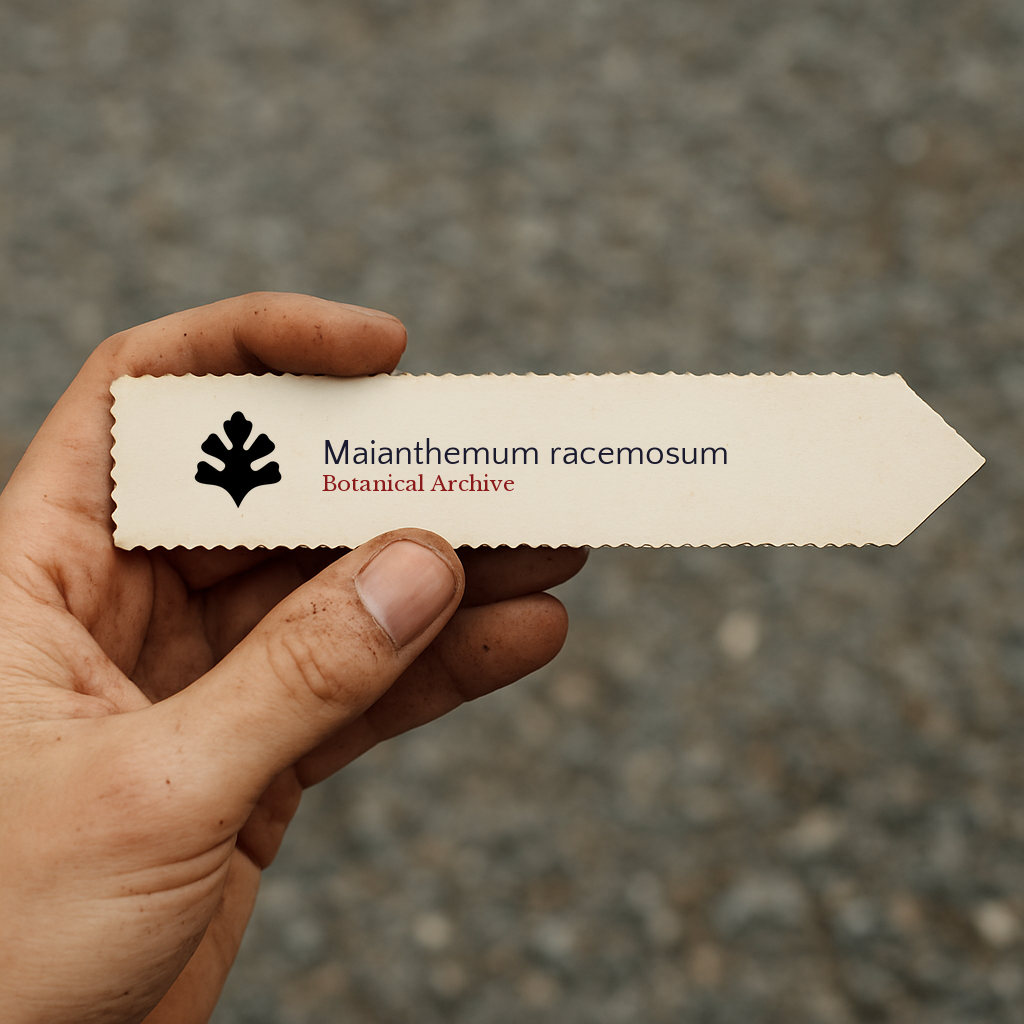 Printed plant label for Maianthemum racemosum with botanical archive logo held by hand
