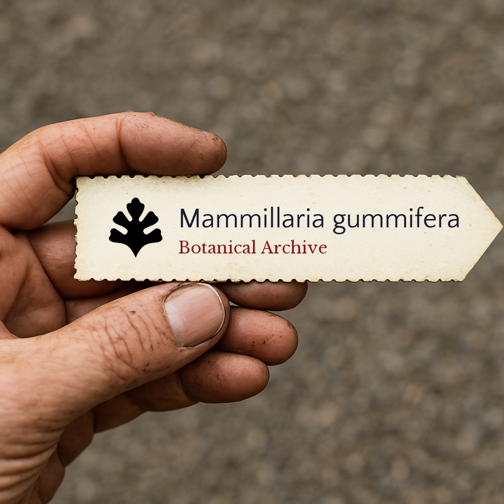 Etichetta stampata per pianta Mammillaria gummifera tenuta in mano con sfondo testurizzato