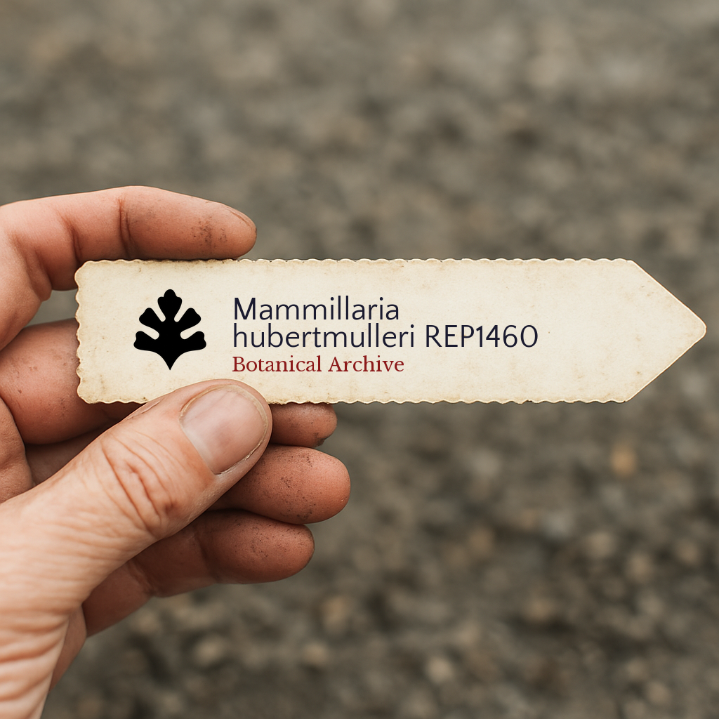 Printed plant label for Mammillaria hubertmulleri held by hand over soil background