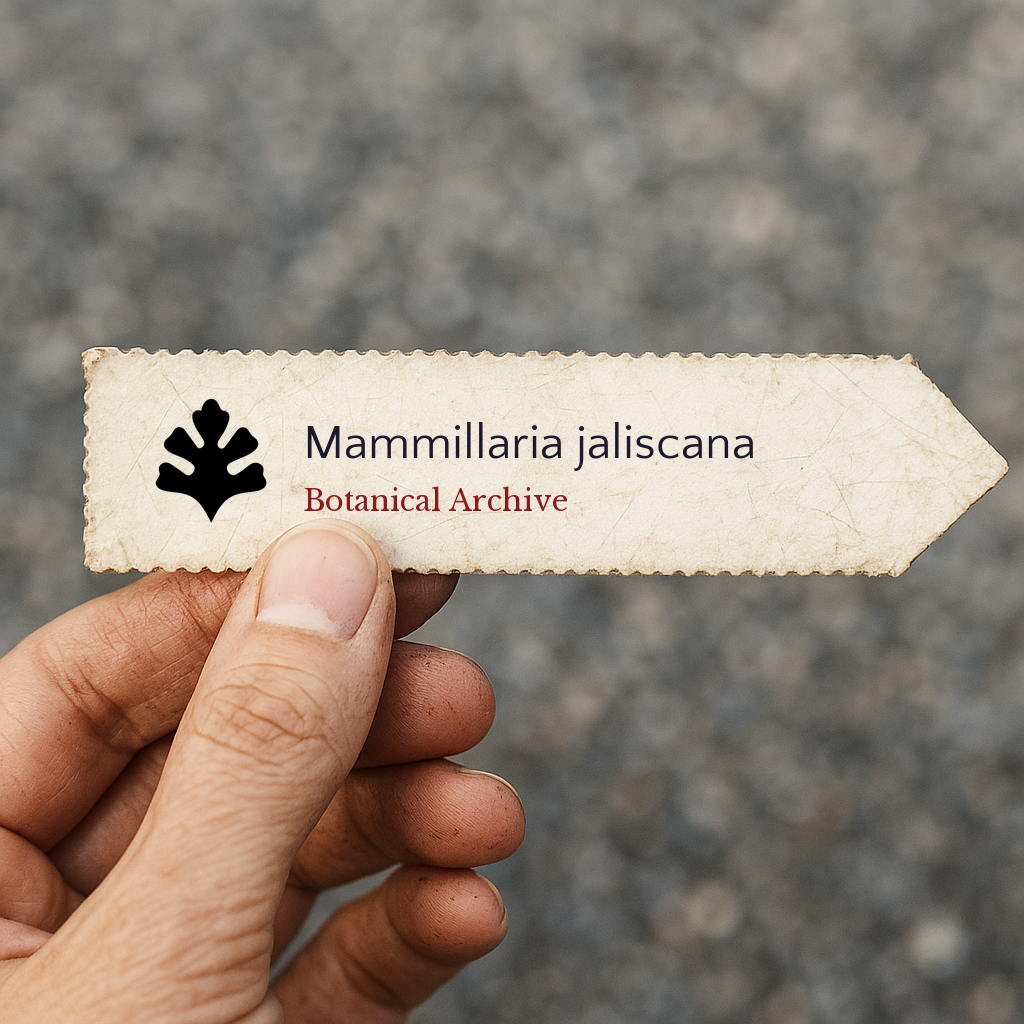 보태니컬 아카이브 로고가 있는 만밀라리아 할리스카나용 휴대용 빈티지 식물 라벨