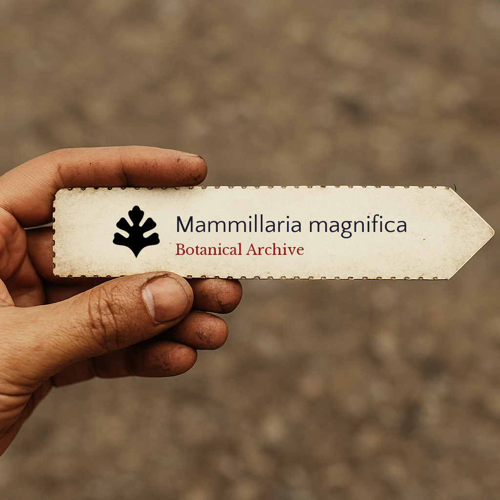 Bedrucktes Pflanzenetikett für Mammillaria magnifica, in der Hand gehalten, mit Erd-Hintergrund