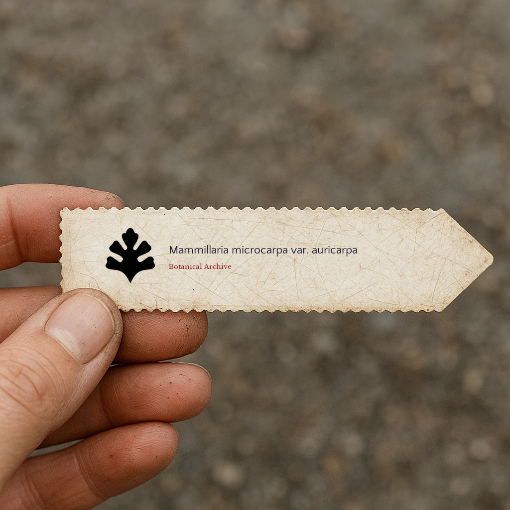 Vintage papirplanteetikett for Mammillaria microcarpa var. auricarpa med botanisk logo