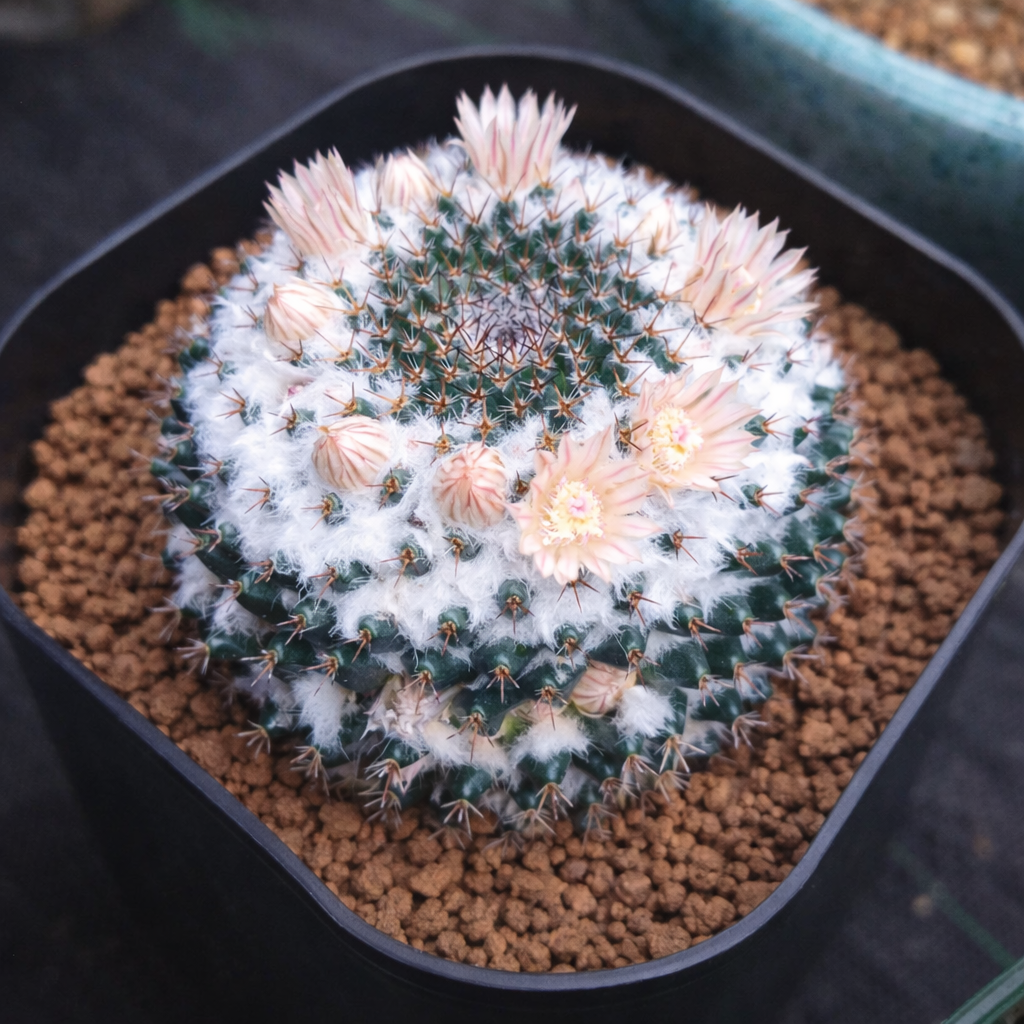 Mammillaria chinocephala rare cactus with white woolly areoles and pale pink flowers in pot
