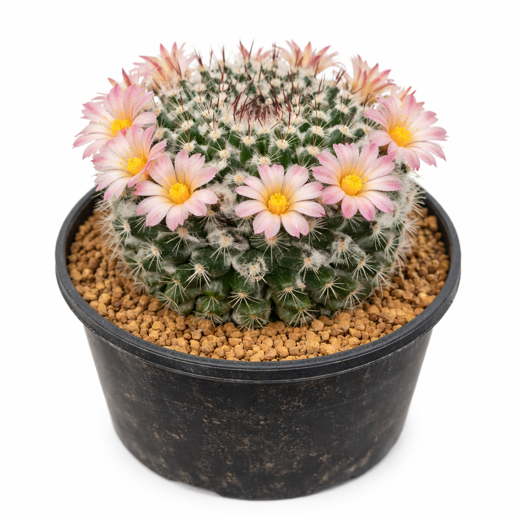 Mammillaria conzattii small round cactus with soft spines and pale pink flowers in pot